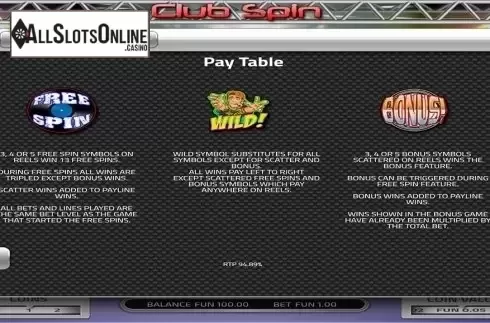 Paytable 2. Club Spin (Concept Gaming) from Concept Gaming