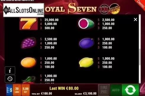 Paytable. Royal Seven XXL RHFP from Gamomat