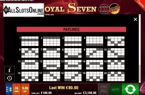 Paylines. Royal Seven XXL RHFP from Gamomat