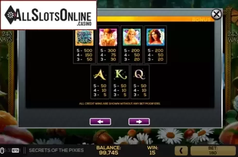 Pay Tables 1. Secrets of the Pixies from High 5 Games
