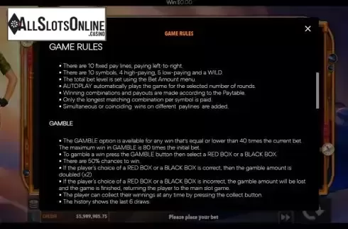 Rules / Game Feature screen