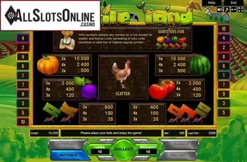 Paytable. Veggie Farm from Platin Gaming