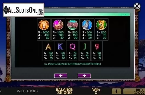 Paytable . Wild Tusks from High 5 Games