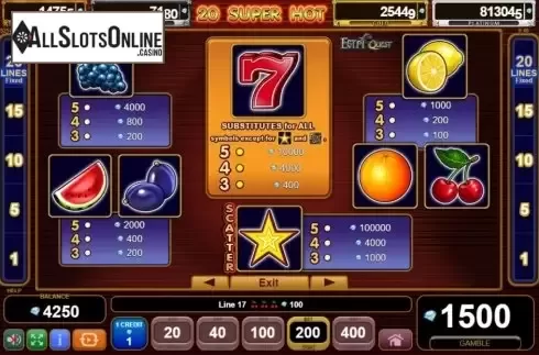 Paytable screen. 20 Super Hot Egypt Quest from EGT