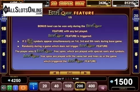 Feature screen 3. 20 Super Hot Egypt Quest from EGT