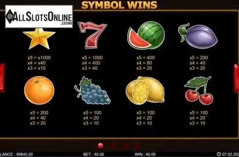 Paytable screen 1. 40 Hot Spins from 7mojos