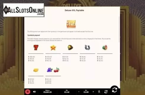 Paytable screen. Deluxe Riches XXL from Mighty Finger