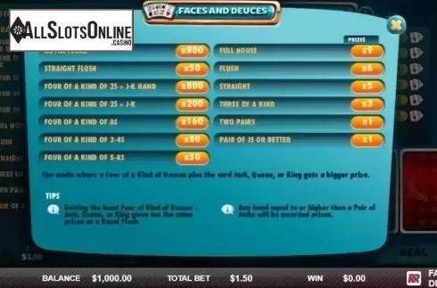 Paytable. Faces & Deuces (Red Rake) from Red Rake