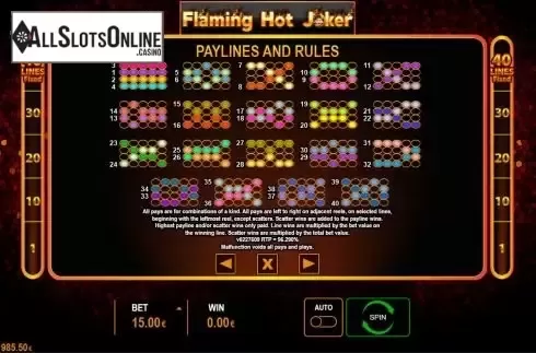 Paylines screen