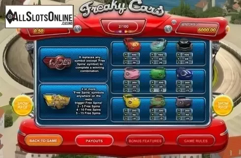 Paytable 1. Freaky Cars from GamesOS