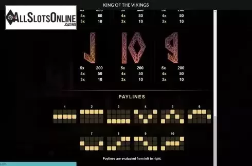 Pay Table / Pay Lines screen