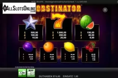 Paytable screen