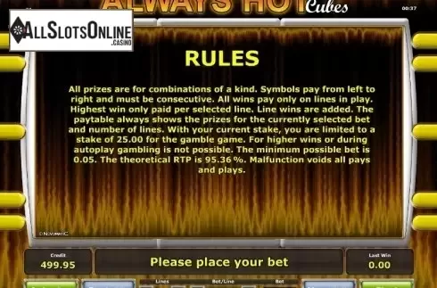 Paytable 2. Always Hot Cubes from Greentube
