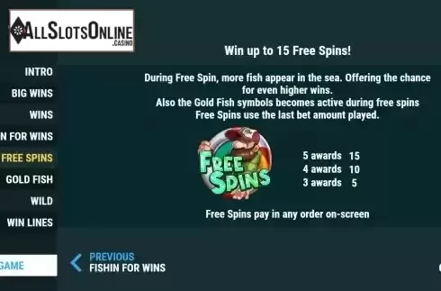 Free Spins Feature screen