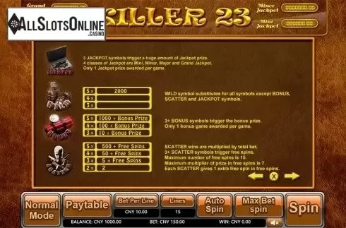 Paytable 2. Killer 23 from Aiwin Games