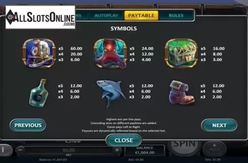 Paytable screen. Kraken Deep Wins from Nucleus Gaming
