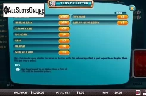 Paytable. Tens or Better (Red Rake) from Red Rake