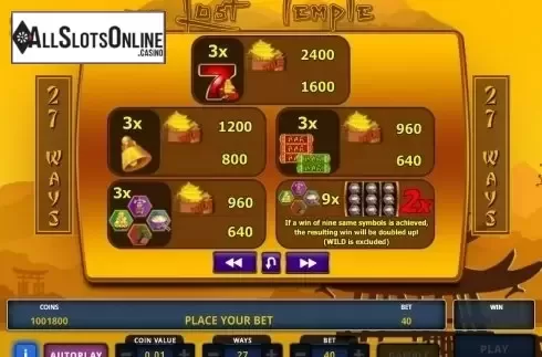 Paytable 1. The Lost Temple from Zeus Play