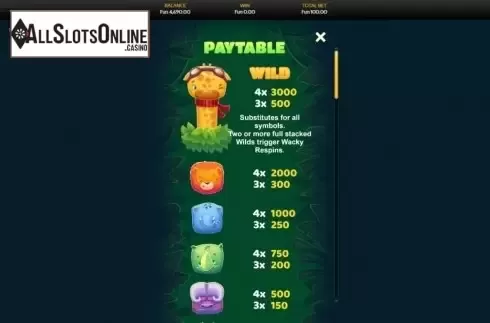 Paytable 1. Wacky Wildlife from OneTouch