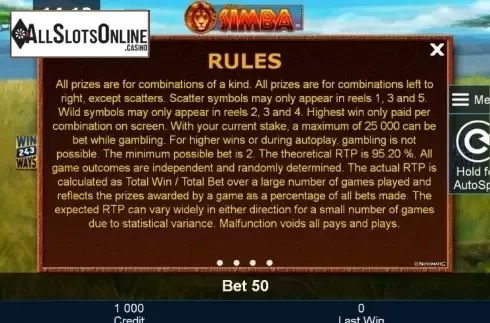 Paytable 4. African Simba from Greentube