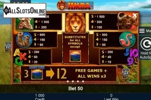 Paytable 1. African Simba from Greentube
