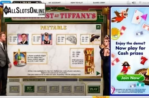Paytable 1. Breakfast at Tiffany's from Gamesys