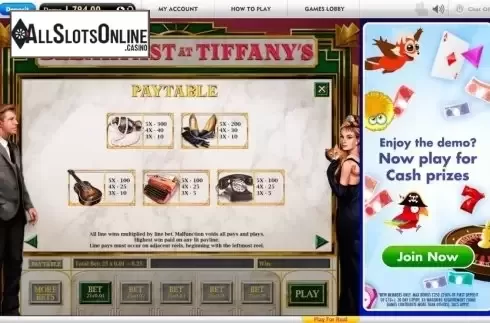 Paytable 2. Breakfast at Tiffany's from Gamesys