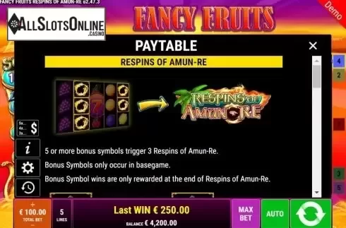 Features 1. Fancy Fruits Respins Of Amun-Re from Gamomat