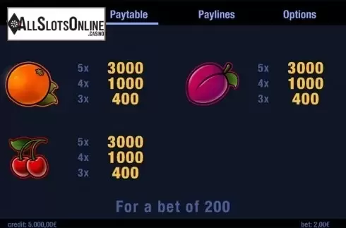Paytable 2. Fruitrays from Swintt