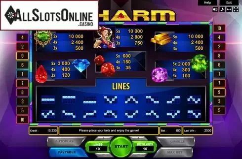 Paytable. Gem Charm from Platin Gaming