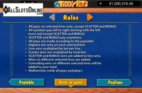 Paytable 1. Teddy Pets from Bwin.Party