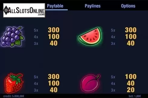 Paytable 2. Fruit Fever from Swintt