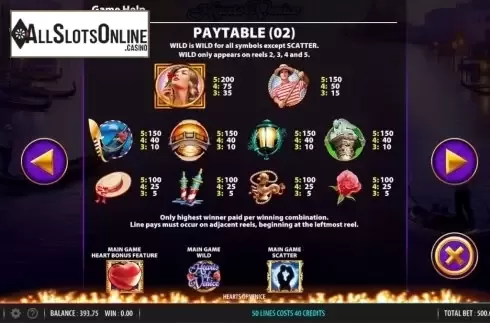 Paytable 2. Hearts of Venice from WMS
