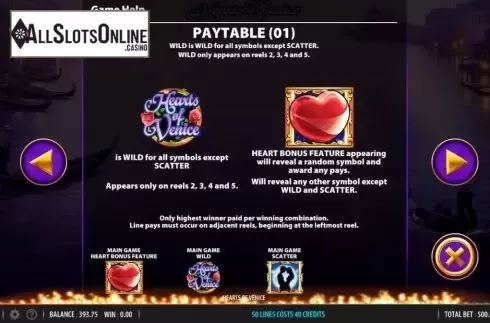 Paytable 1. Hearts of Venice from WMS