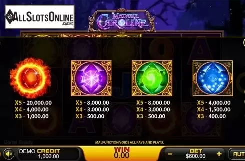 Paytable 2. Madame Caroline from PlayStar