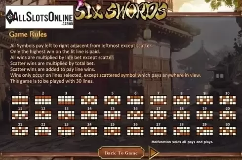 Paylines. Six Swords from SimplePlay