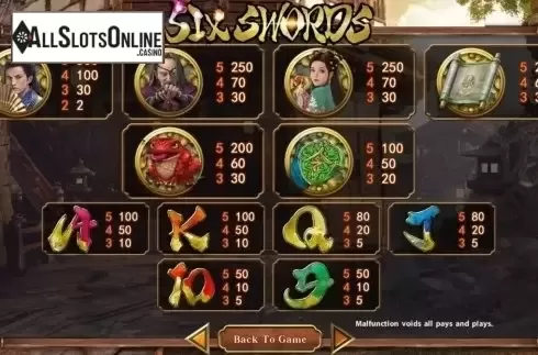 Paytable 2. Six Swords from SimplePlay
