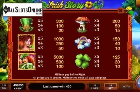 Paytable screen. Irish Story from InBet Games