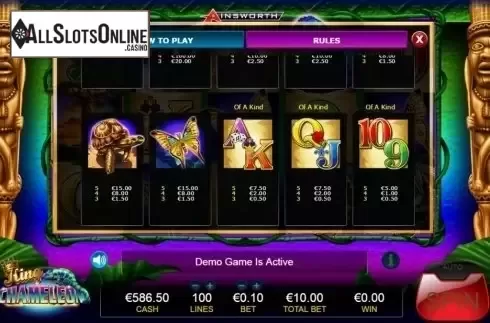 Paytable 2. King Chameleon from Ainsworth