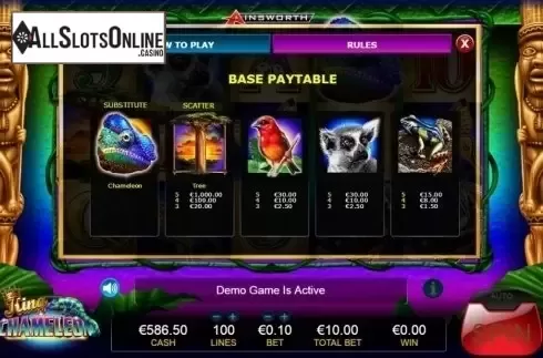 Win screen. King Chameleon from Ainsworth