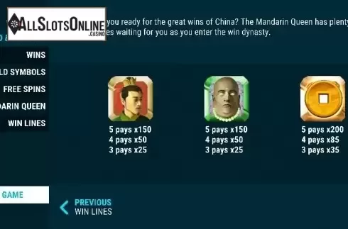 Paytable 1. Mandarin Queen from Slot Factory
