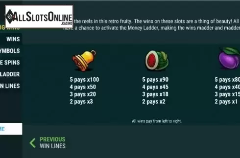 Paytable screen. Money Ladder from Slot Factory