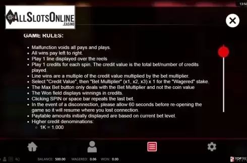 Rules screen. Triple Luck from TOP TREND GAMING