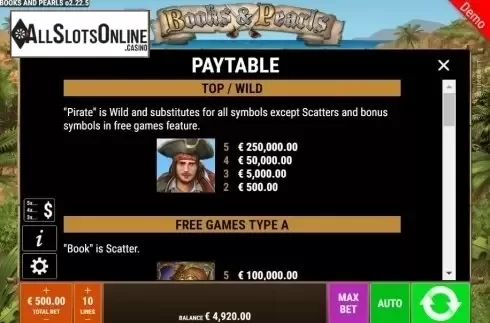 Paytable. Books And Pearls from Gamomat