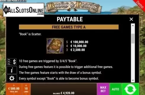 Paytable. Books And Pearls from Gamomat