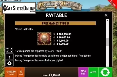 Paytable. Books And Pearls from Gamomat