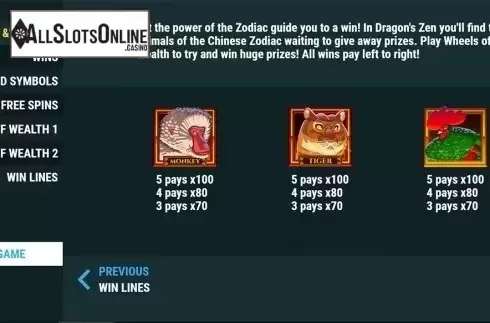Paytable . Dragon's Zen from Slot Factory