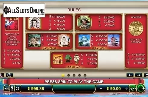 Paytable 1. Geisha's Garden from Aurify Gaming