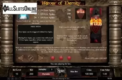 Free Spins screen