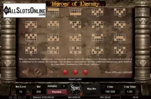 Paylines screen